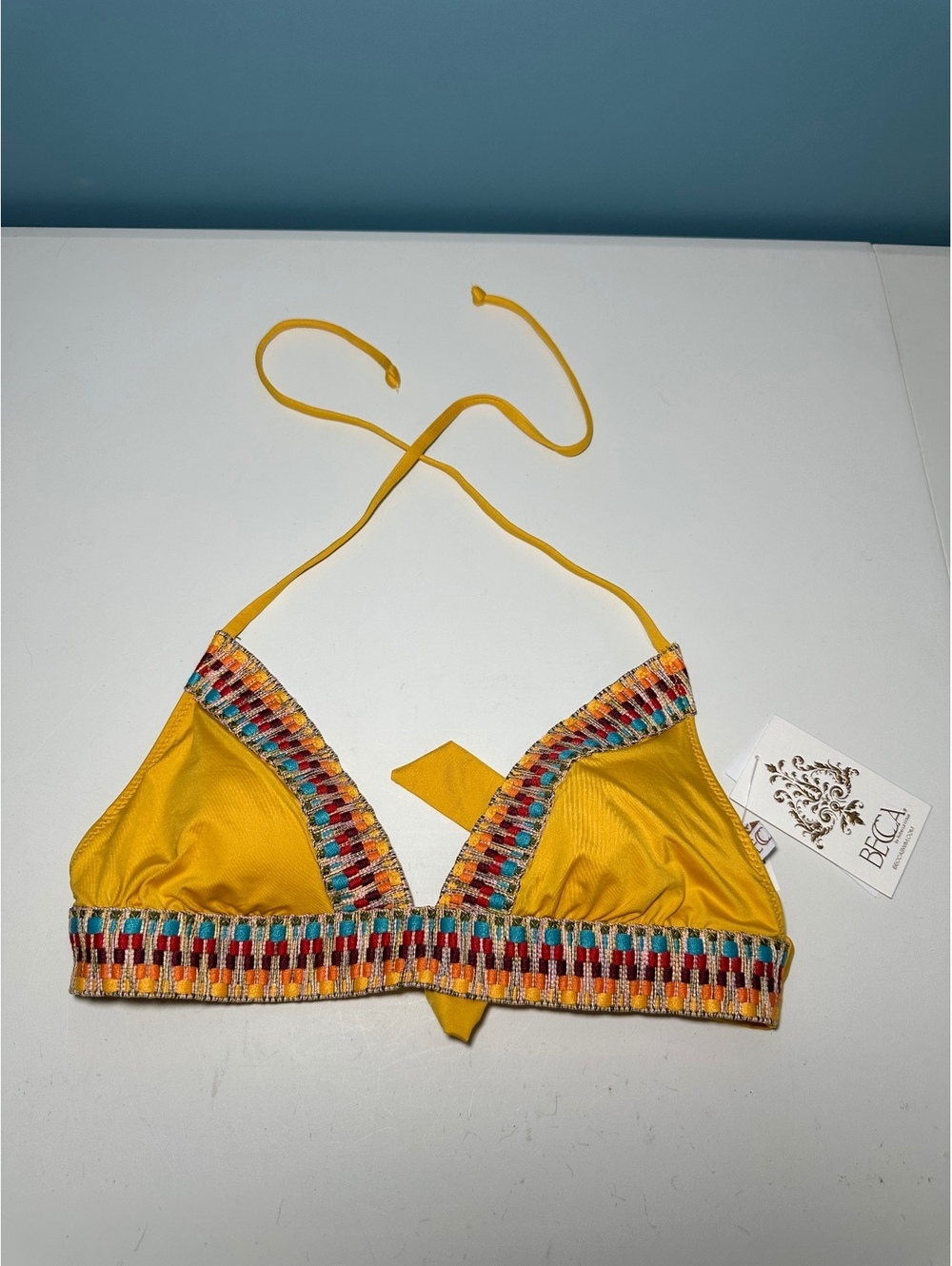 Becca by Rebecca Virtue Yellow Embroidered Triangle Bikini Top Small